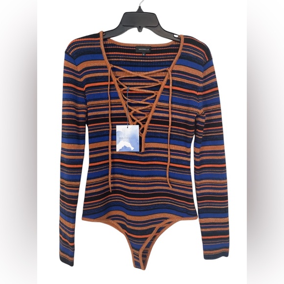 NWT Majorelle Lace Up Sweater Bodysuit Revolve Striped Long Sleeve Size Large - Picture 1 of 13